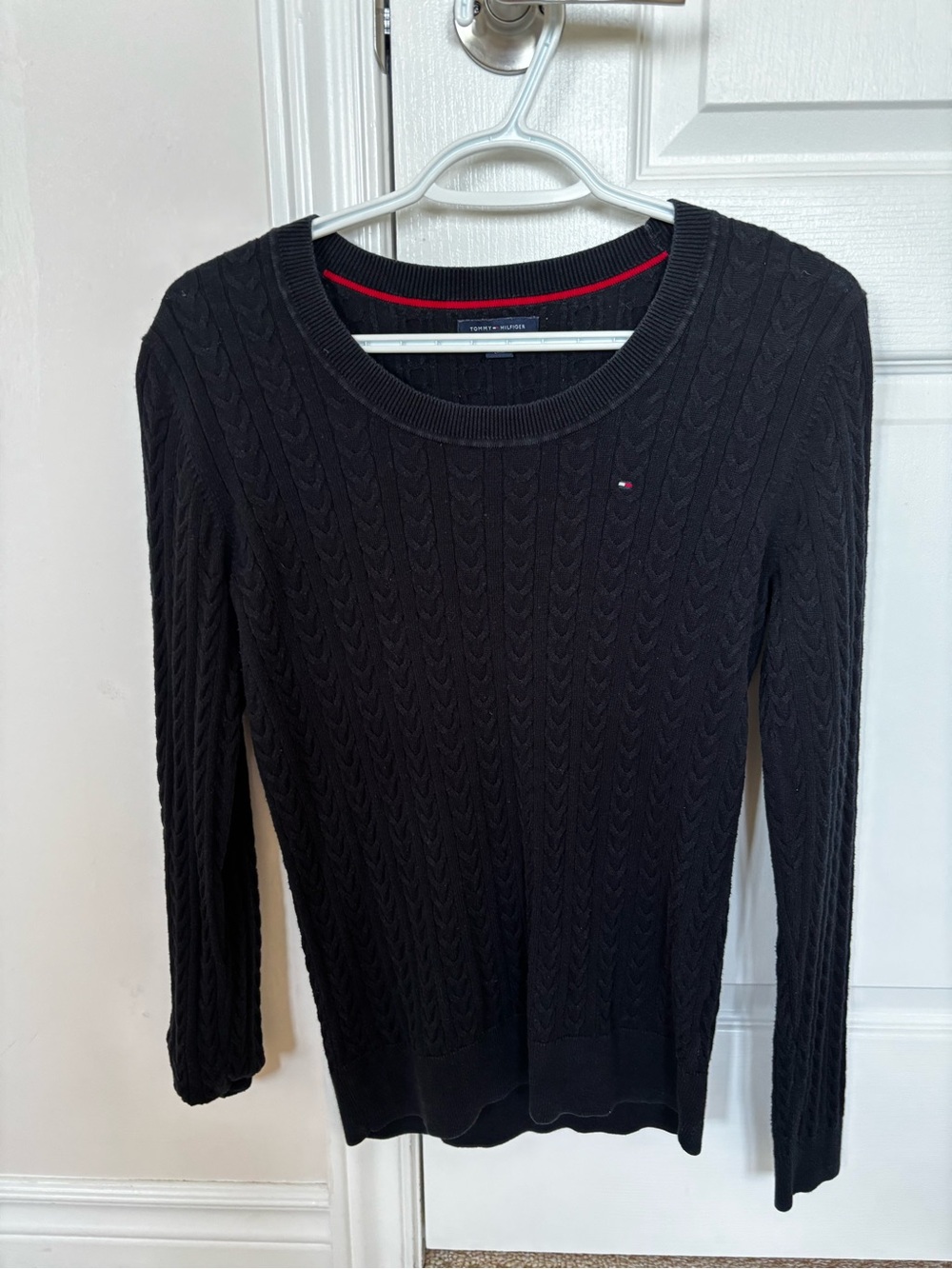Tommy Hilfiger Black Cable-Knit Crewneck Sweater with Red Trim